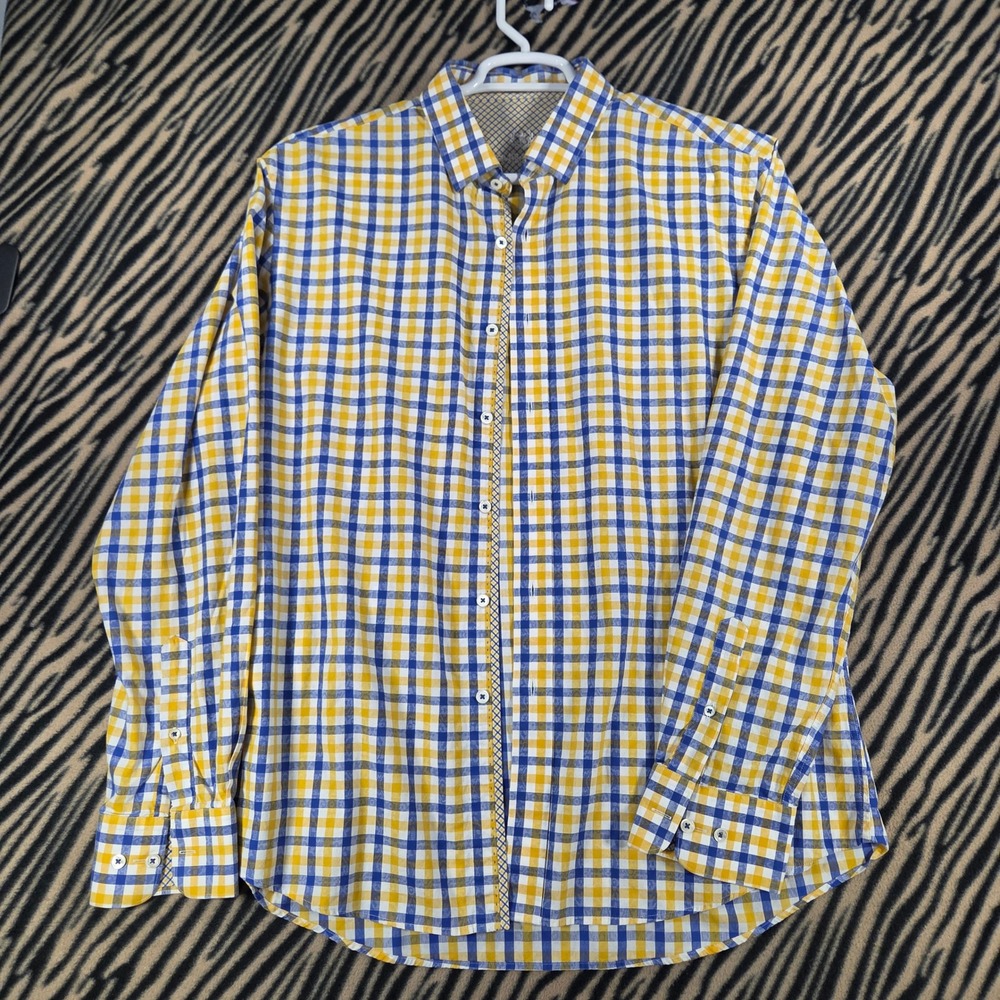 Bugatchi Uomo Mens XL Shaped Fit Long Sleeve Button Down Shirt Yellow Blue Plaid